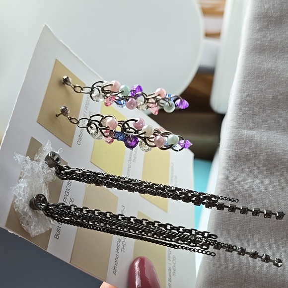 Vintage Multicolor Beaded Rhinestones Dangle Earrings Set Of 2 - Picture 3 of 13